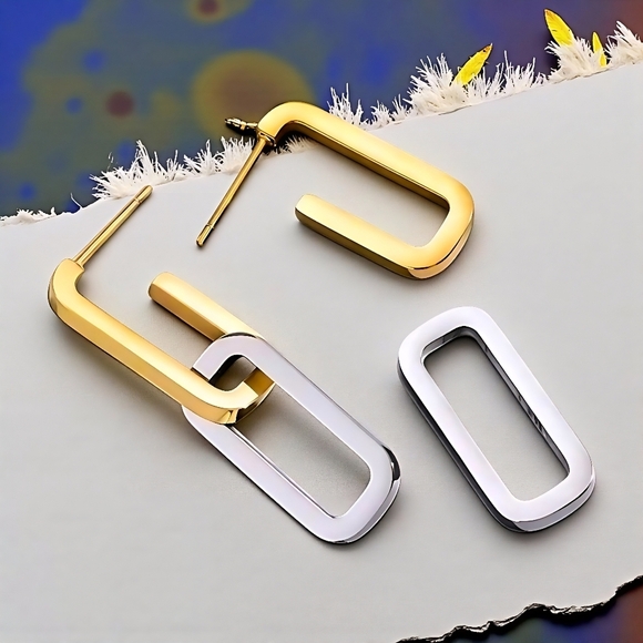 Minimalist Chic Two Tone C Hoop Earrings 18K Gold Plated Stainless Steel - Picture 8 of 12